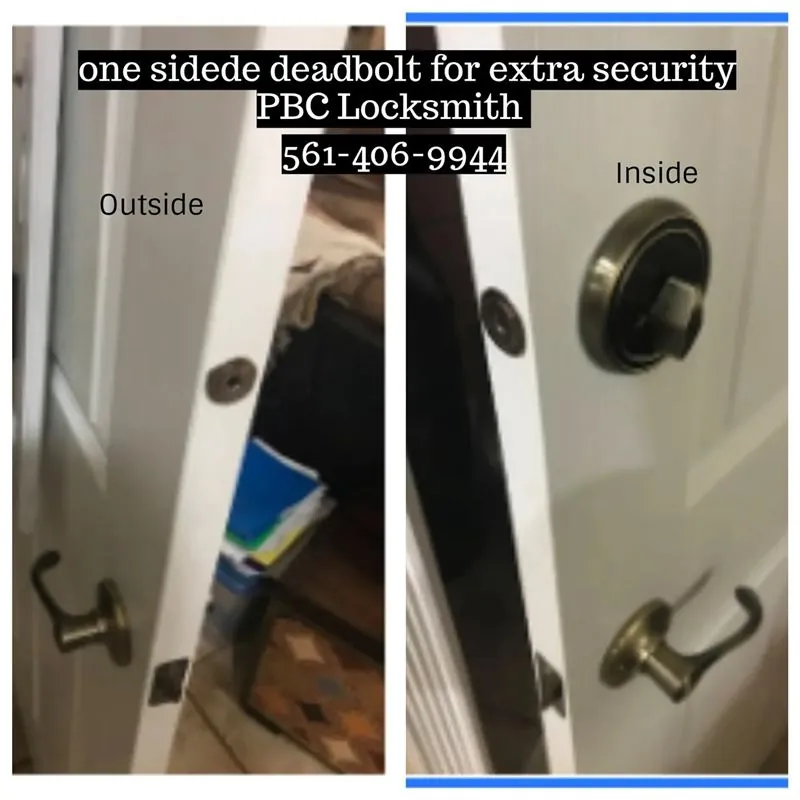 One-sided deadbolt installed for extra security — outside and inside view
