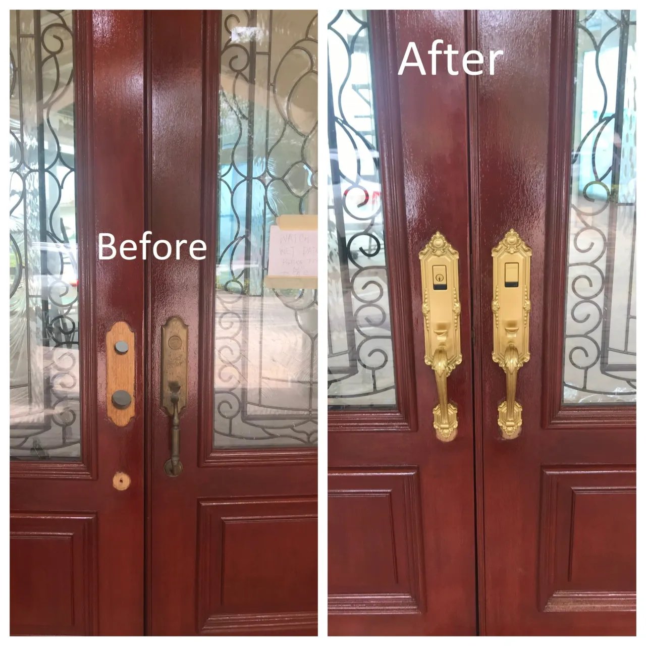 New matching handlesets installed on double entry doors — before and after