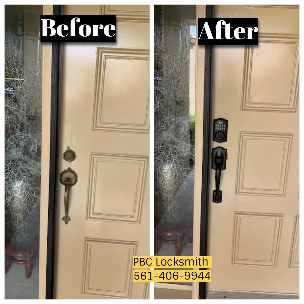 Worn handleset replaced with keypad deadbolt and matte black handle — before and after