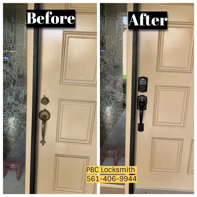 Worn handleset replaced with keypad deadbolt and matte black handle — before and after
