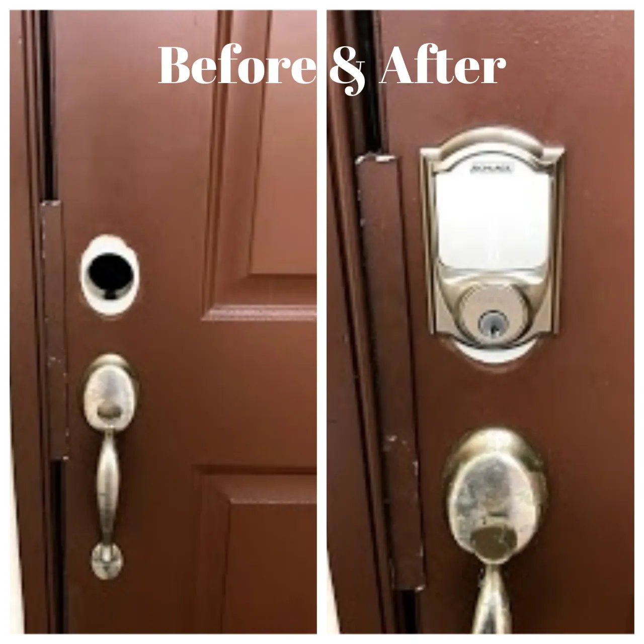 Keypad deadbolt installed on residential front door — before and after