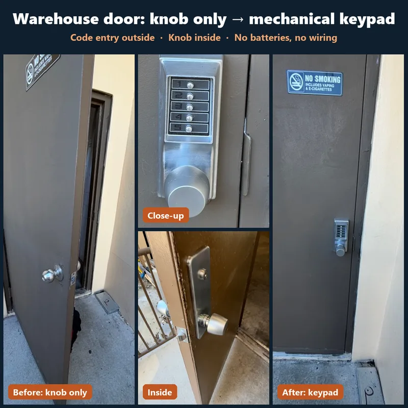 Warehouse door that only had a knob, upgraded to a mechanical pushbutton keypad lock — before and after